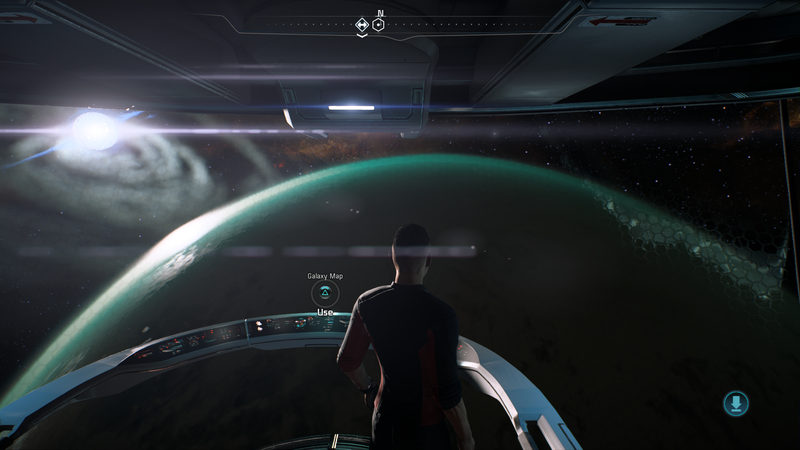 When you exit the Galaxy Map, you get a beautiful close-up of wherever you last traveled to on your ship’s bridge.